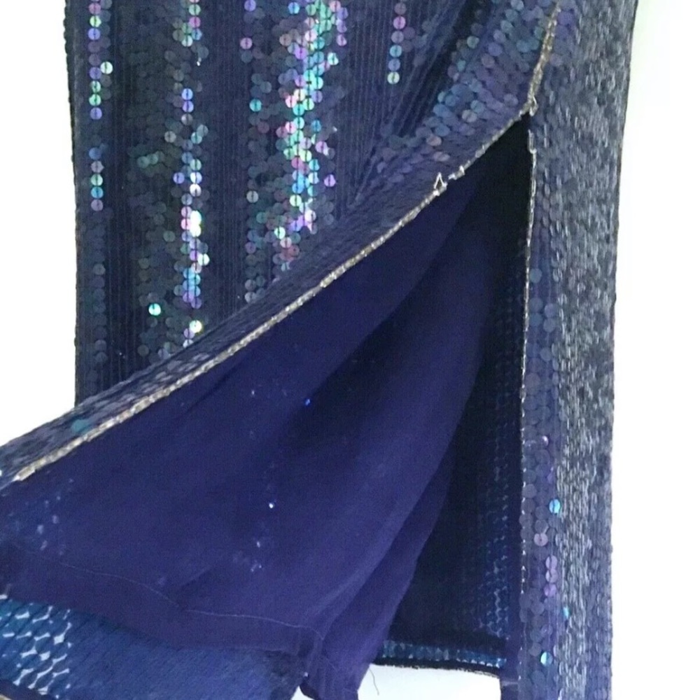 Vintage Royal Blue Sequin Beaded Dress Lined Shoulder Pads Mesh Pink Gold Gatsby - Picture 10 of 13